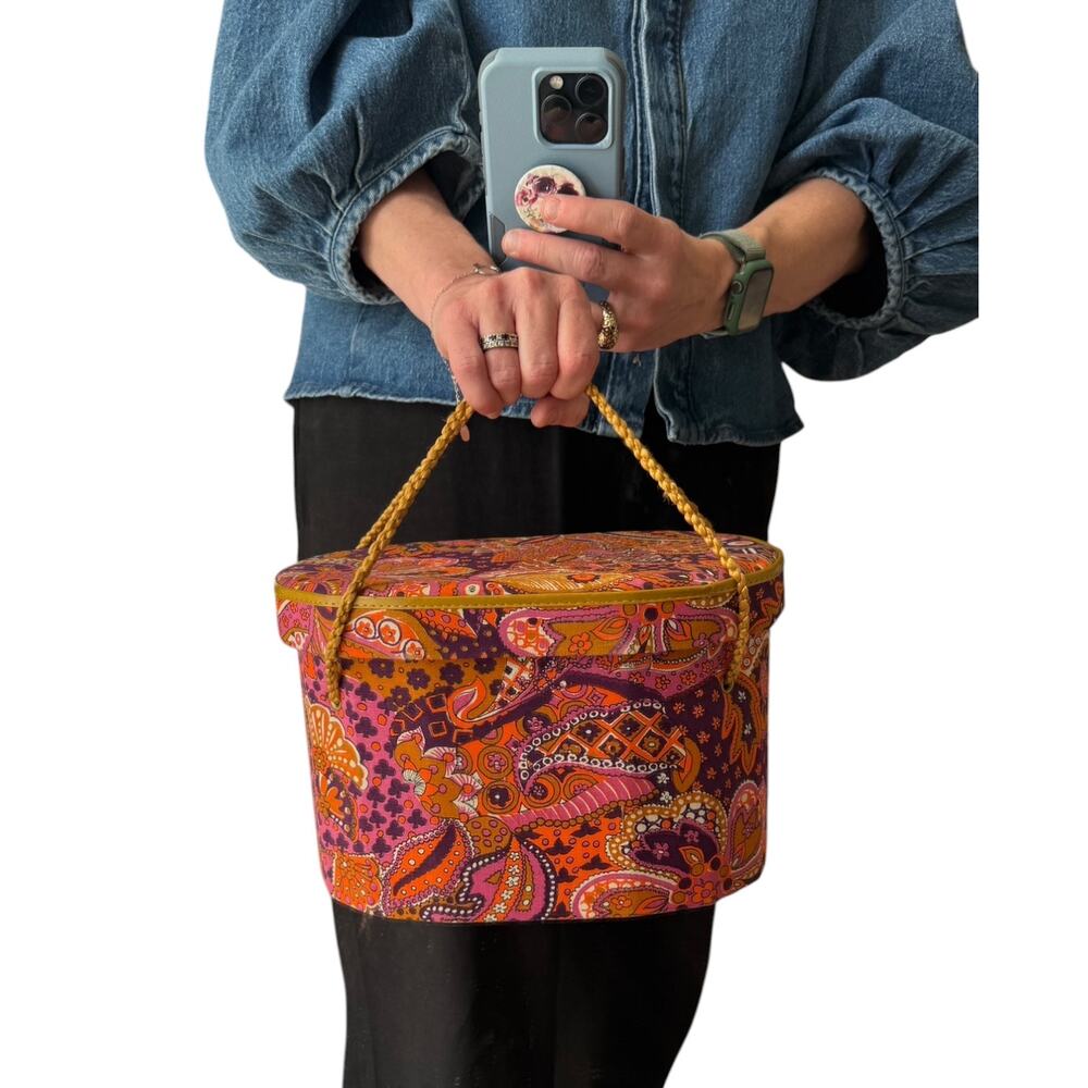 1960s Psychedelic Paisley Wig Case Hat Box Vanity Storage Mod Orange Pink - Picture 16 of 16